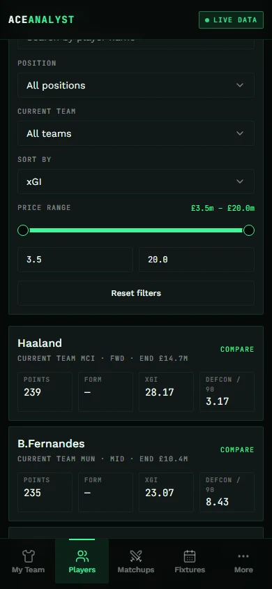 Player Explorer on mobile showing xGI filters and populated player cards for Haaland and Bruno Fernandes.